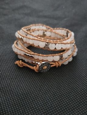 Victoria Emerson 5 Wrap White Bead Wrap Bracelet w Tan Cord and Silver Accents